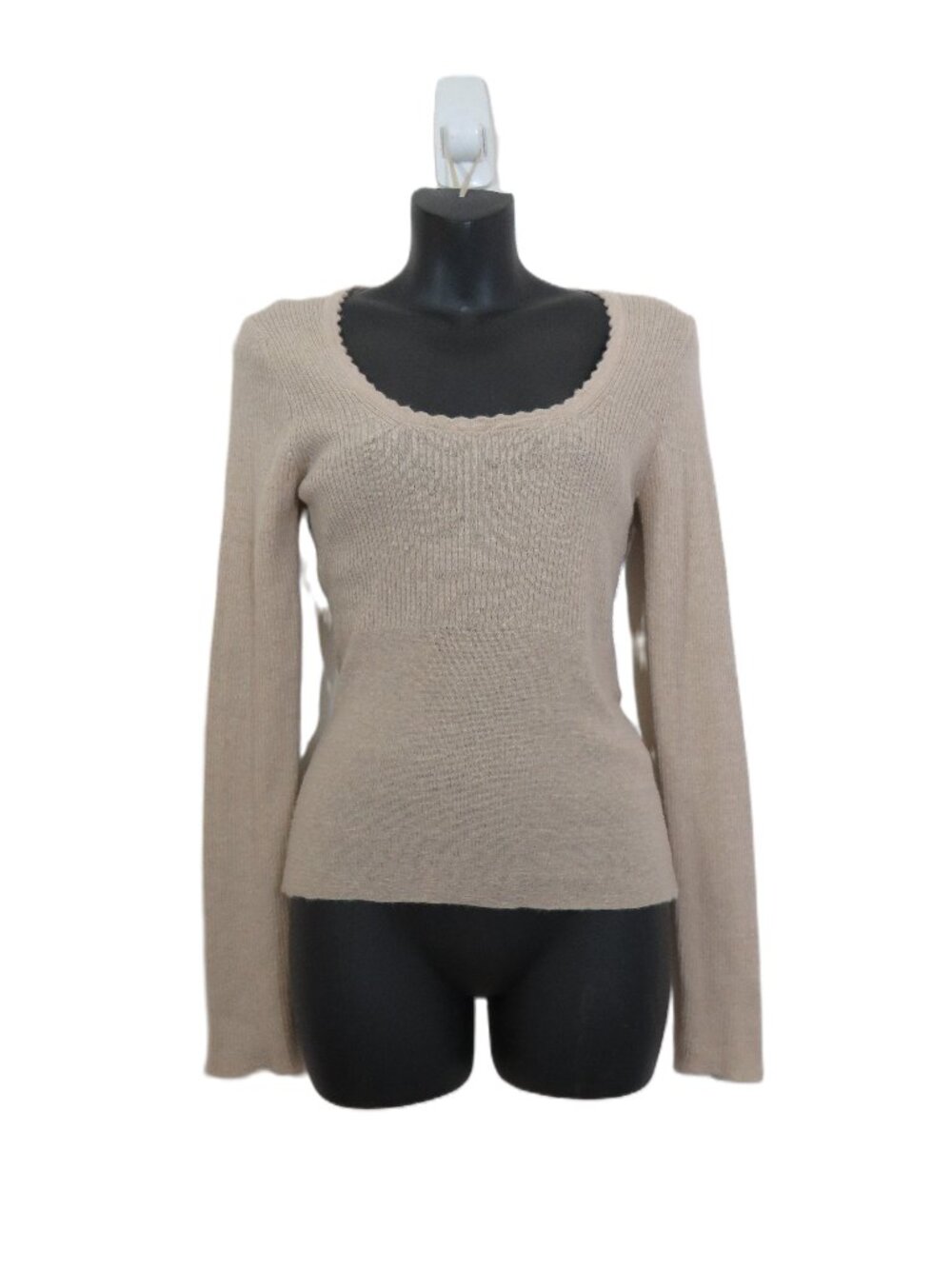 Rouje size 36 US 4 Lightweight Rib Knit Long Sleeve Top Scallop Detail Tan